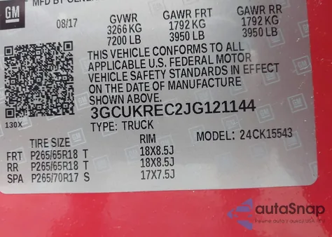 2018 Chevrolet Silverado 1500 2Lt z USA, uszkodzony, nr VIN 3GCUKREC2JG121144